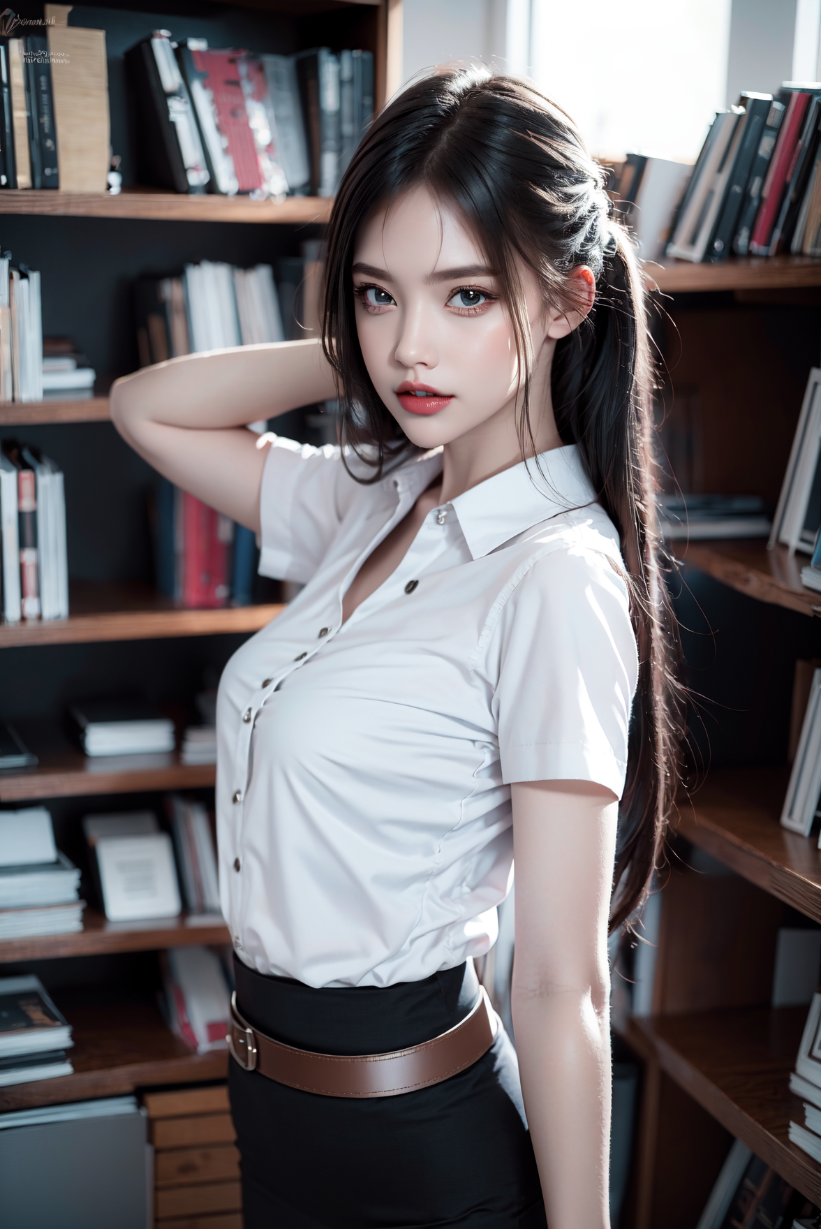 (photorealistic:1.4),Best quality, masterpiece, ultra high res,looking at viewer,libary background
,(ํ1girl),(white shirt ...